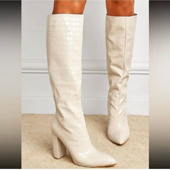 SHEIN Point Toe Heel Faux Snake Skin White Cream Knee High Women's Boots Size 8 - Picture 1 of 7